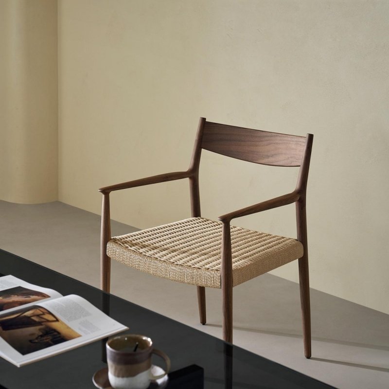 North American Black Walnut Solid Wood Dining Chair – Genuine Leather, Wabi-Sabi, Rattan Weave, Armrest & High Back,