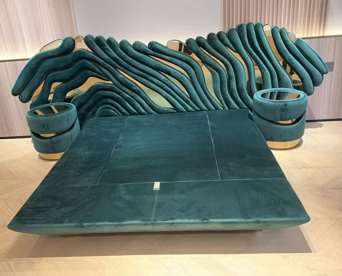 Modern Wave Sculpted Upholstered Bed Frame