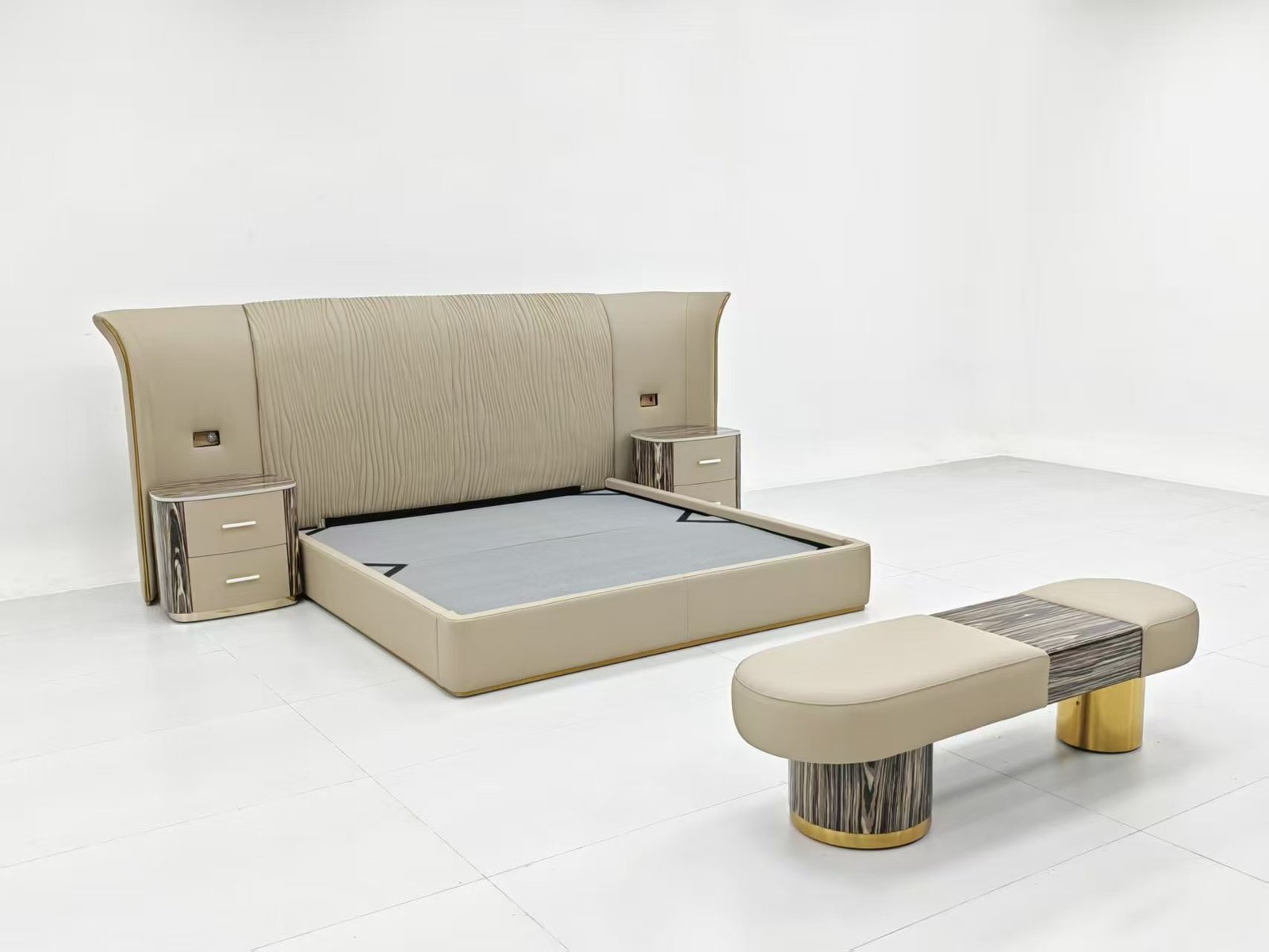 Modern Wave Wing Upholstered Bed Frame