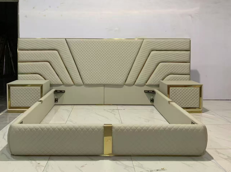 Luxury Integrated Leather Bed with Twin Nightstands