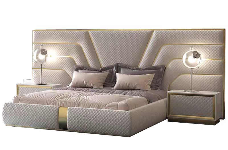 Luxury Integrated Leather Bed with Twin Nightstands