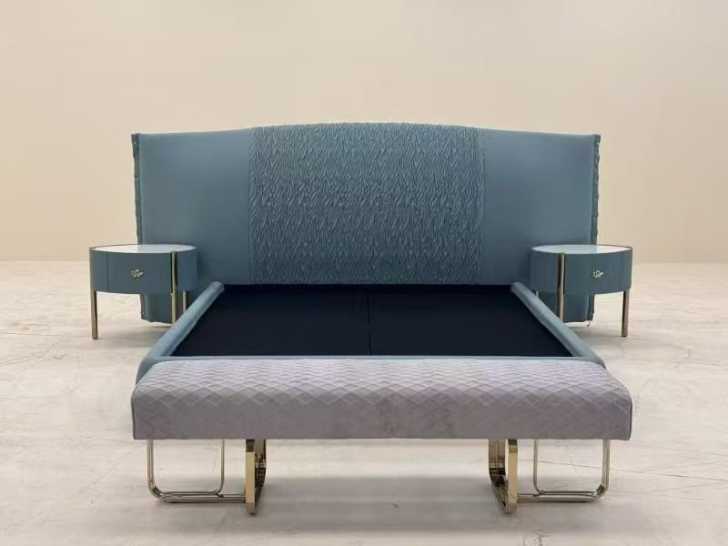 Luxury Geometric Leather Bed Frame with Gold Trim