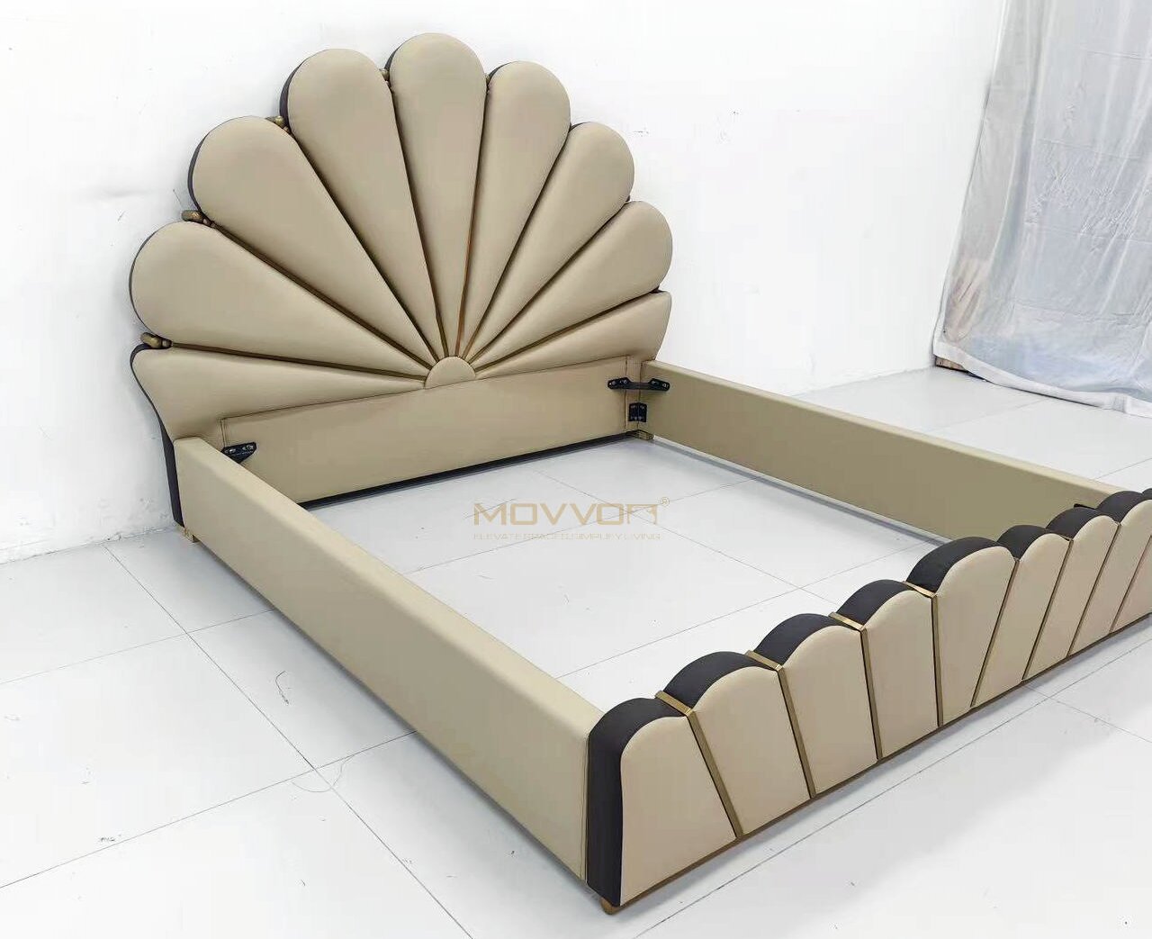 Art Deco Sunburst Lacquered Leather Bedstead