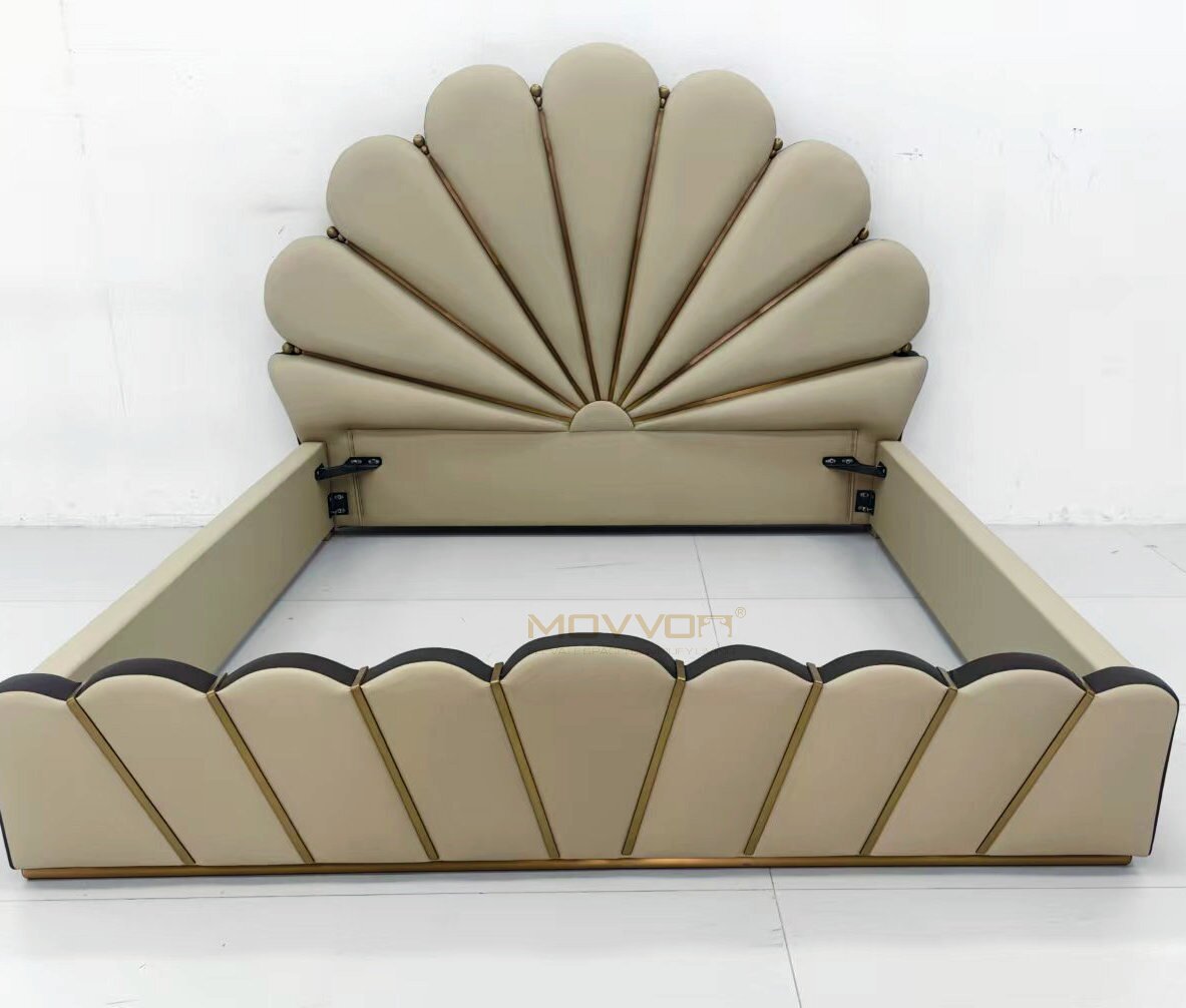 Art Deco Sunburst Lacquered Leather Bedstead