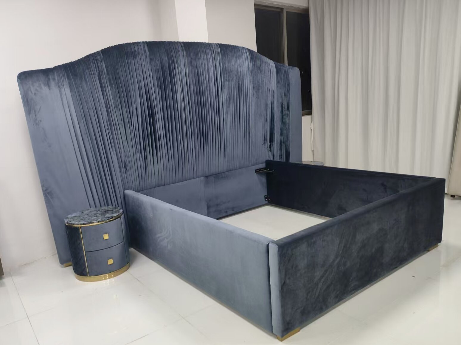 Artisanal Ruched Velvet Wingback Bedstead