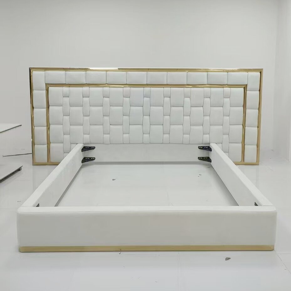 White Upholstered Bed with Gold Accent for Refined Bedroom Spaces