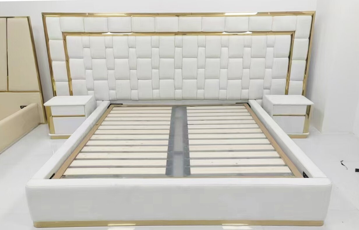 White Upholstered Bed with Gold Accent for Refined Bedroom Spaces
