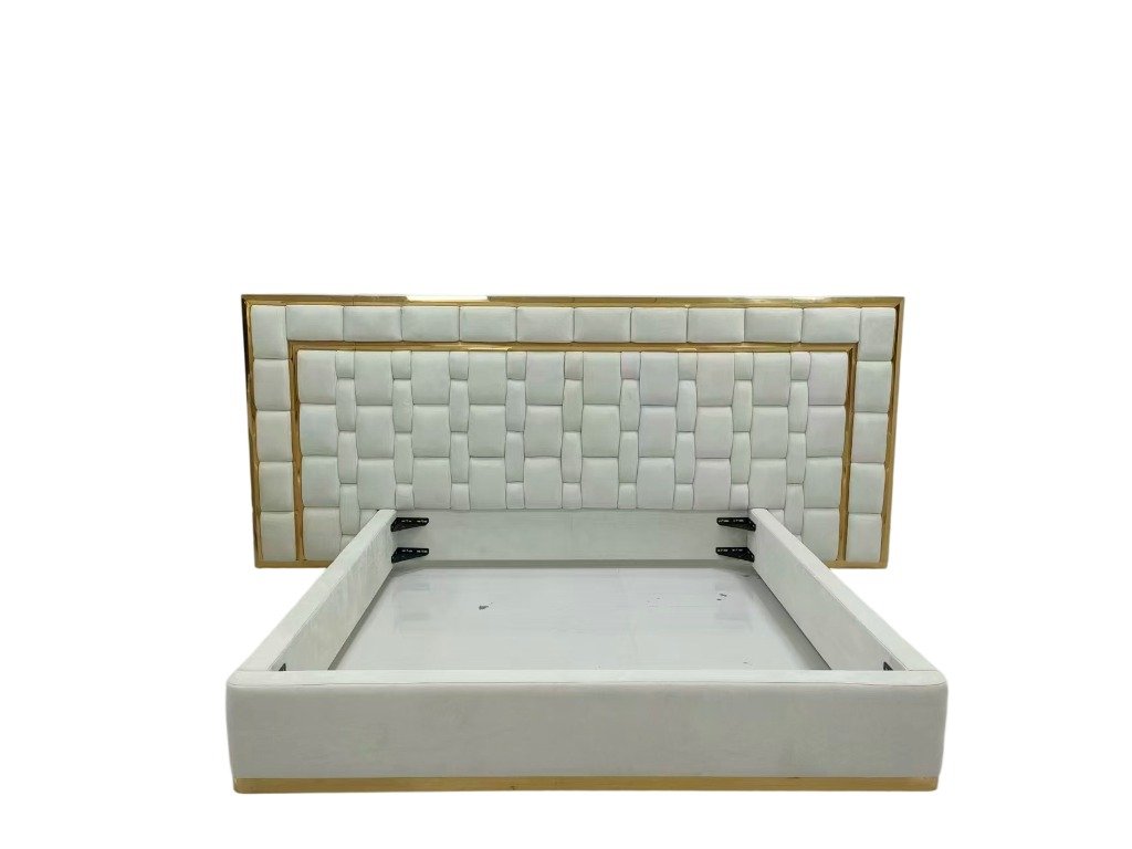 White Upholstered Bed with Gold Accent for Refined Bedroom Spaces