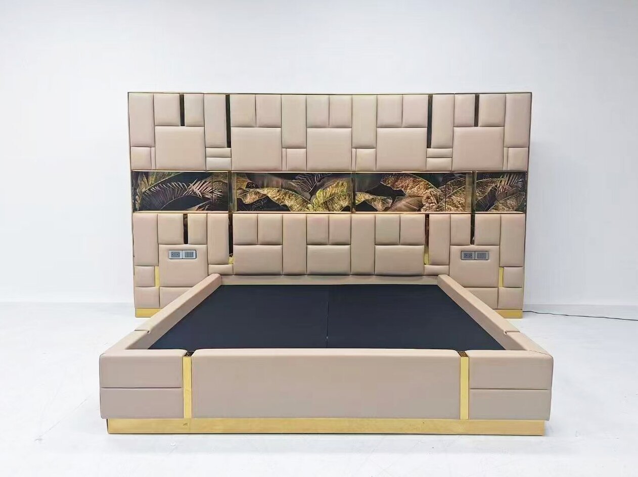 Grey Upholstered Bed with Decorative Glass Headboard Wall Panel