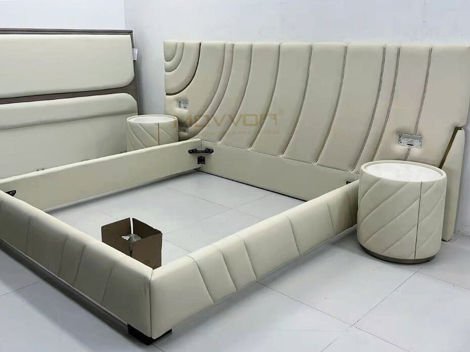 Curved Channel Upholstered Bed with Gold Accent Bedroom Design