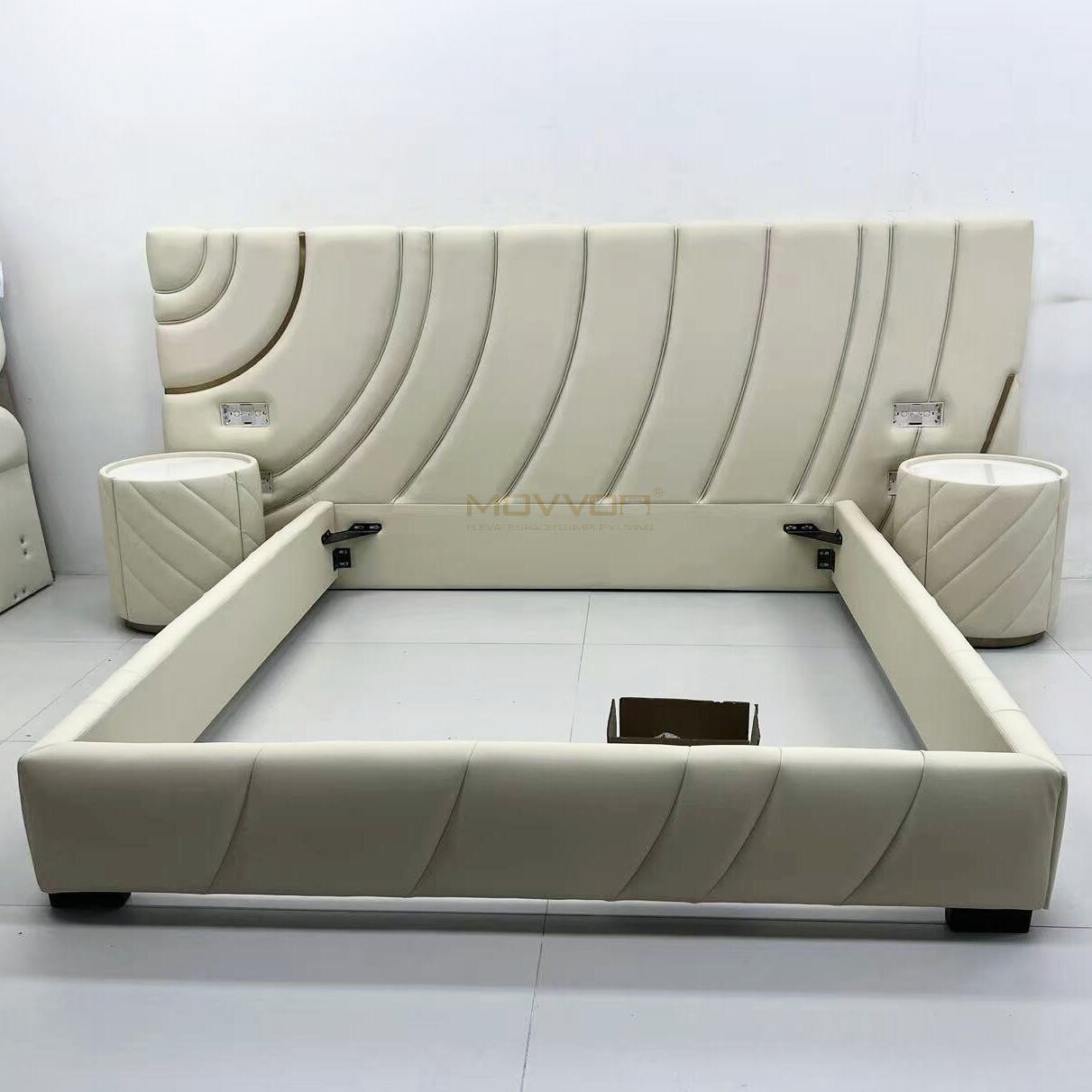 Curved Channel Upholstered Bed with Gold Accent Bedroom Design