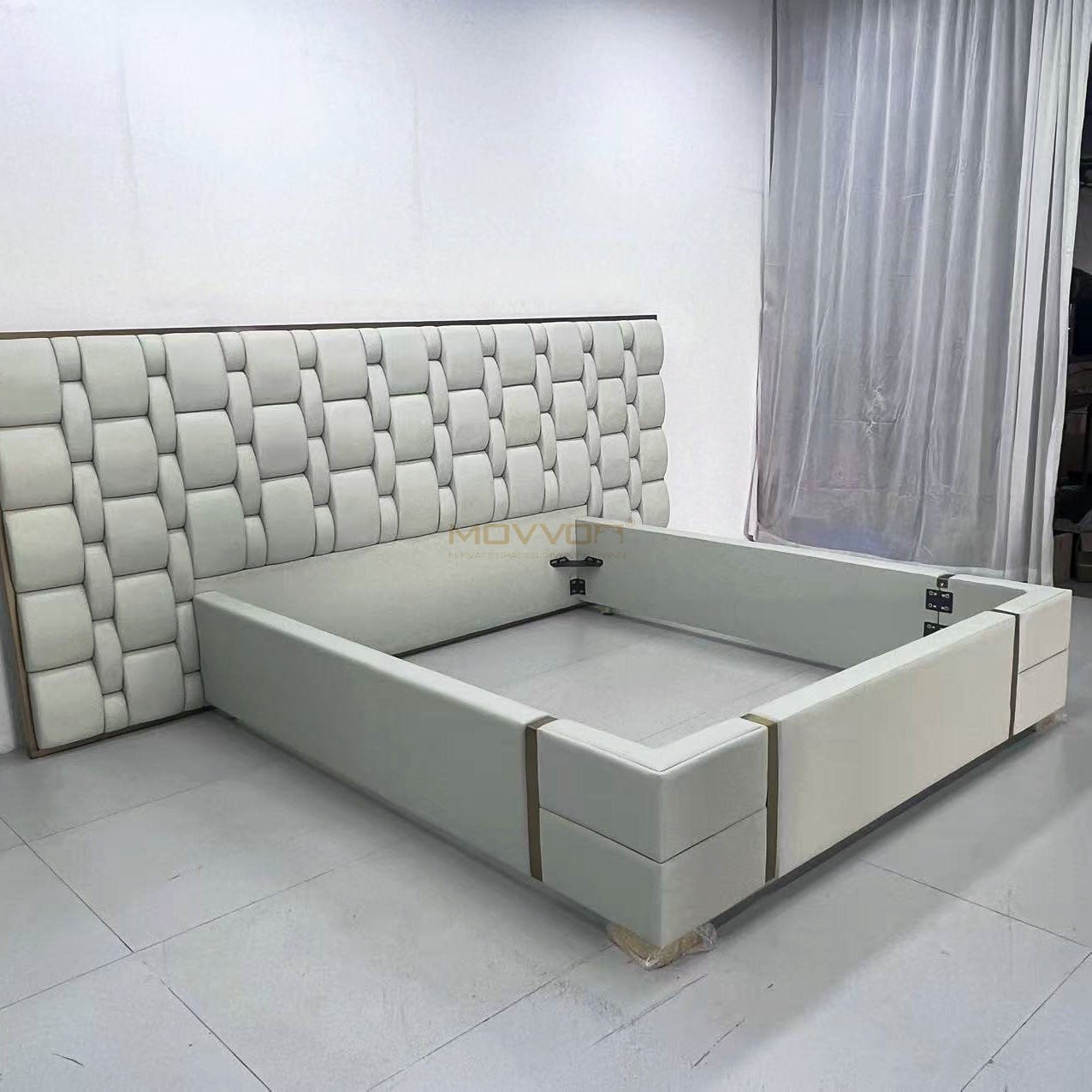 White Woven Upholstered Bed with Low Platform Frame and Gold Accents