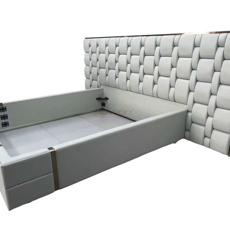 White Woven Upholstered Bed with Low Platform Frame and Gold Accents