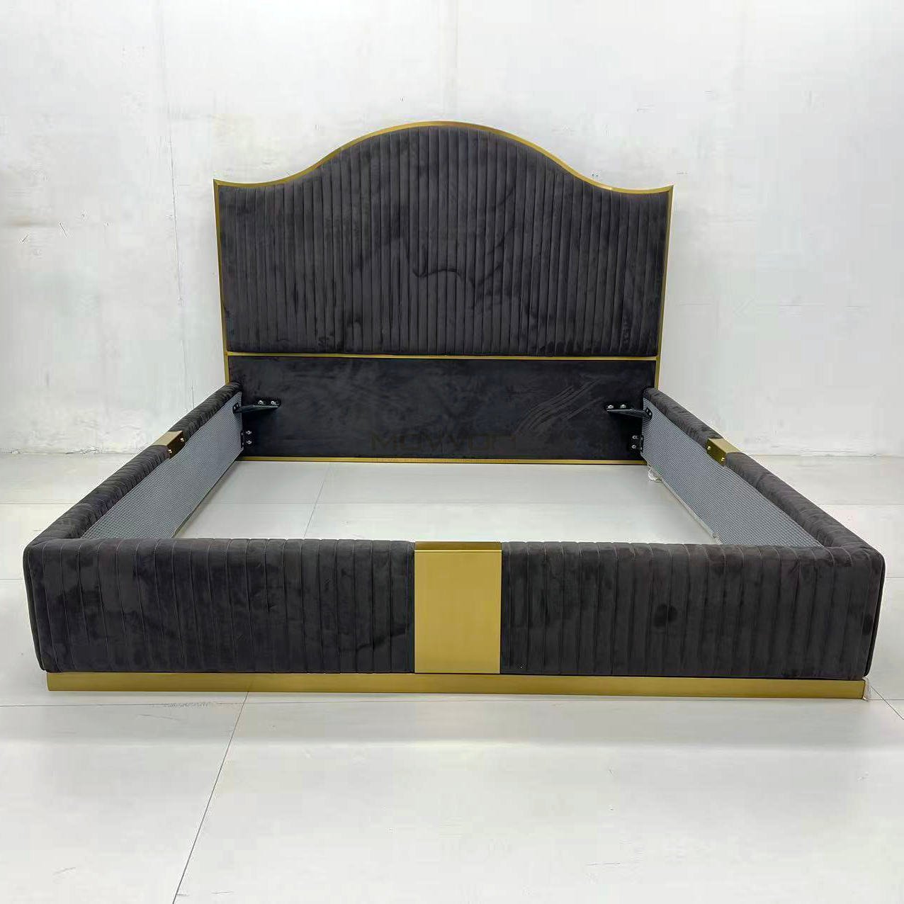 Charcoal Velvet Channel Bed with Arched Gold Trim Headboard
