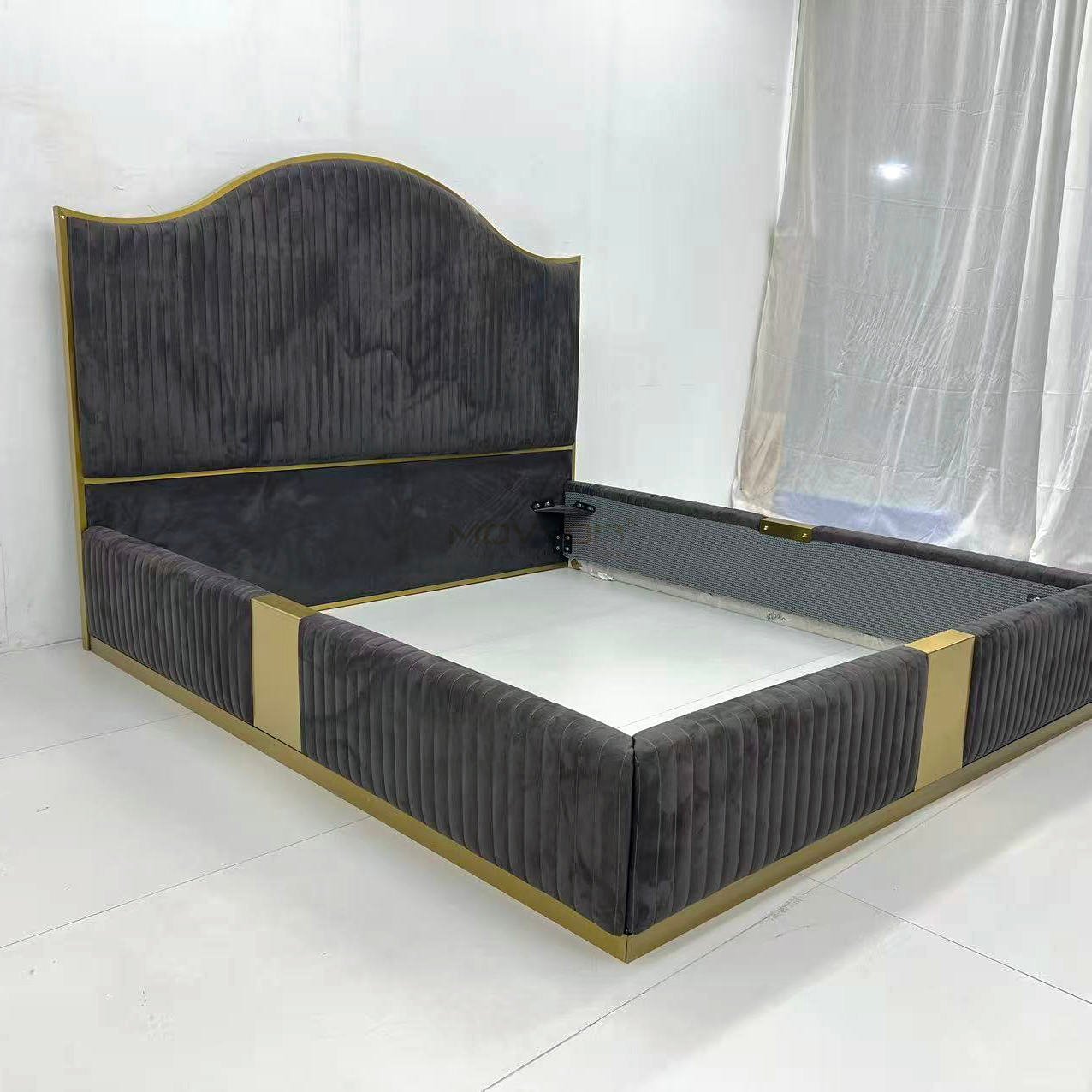 Charcoal Velvet Channel Bed with Arched Gold Trim Headboard