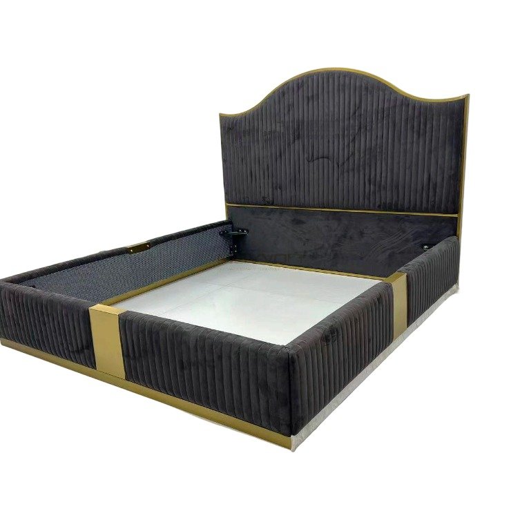 Charcoal Velvet Channel Bed with Arched Gold Trim Headboard