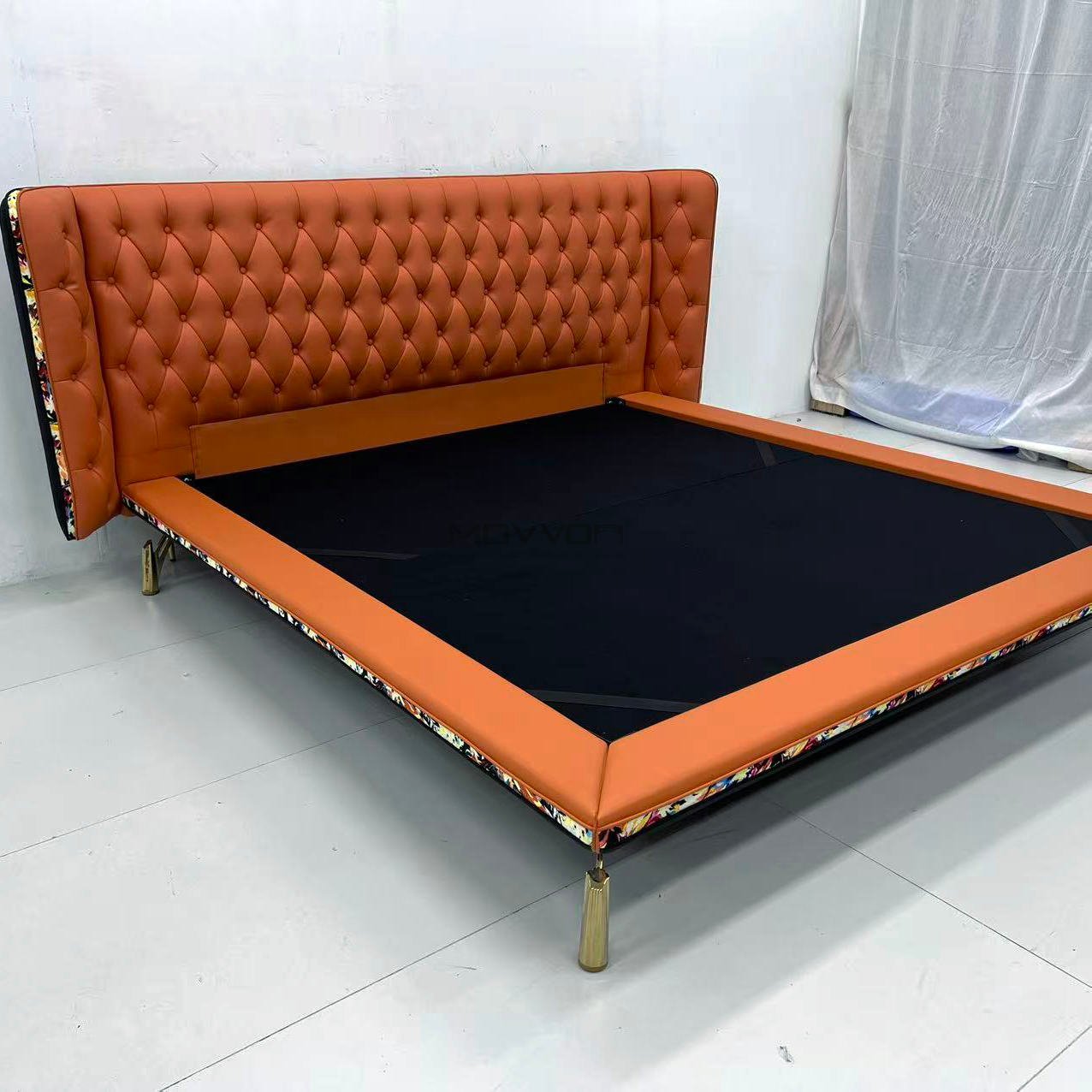 Cognac Orange Tufted Platform Bed with Slim Gold Legs