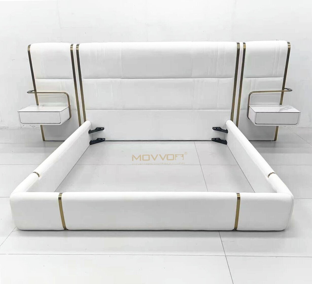 Upholstered Bed with Floating Nightstands and Gold Frame Details