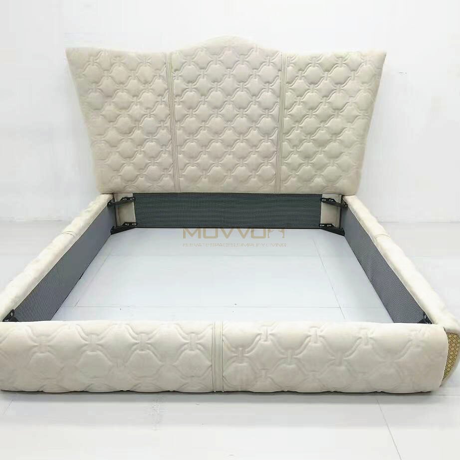 Quilted Upholstered Bed with Flared Headboard and Low Soft Frame