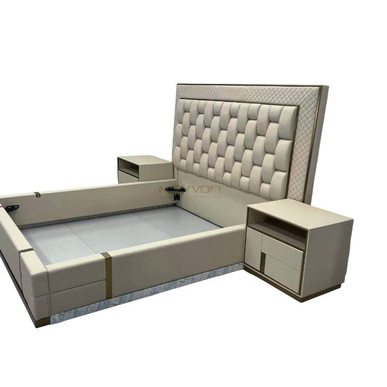 Framed Woven Upholstered Bed with Matching Nightstands and Gold Details