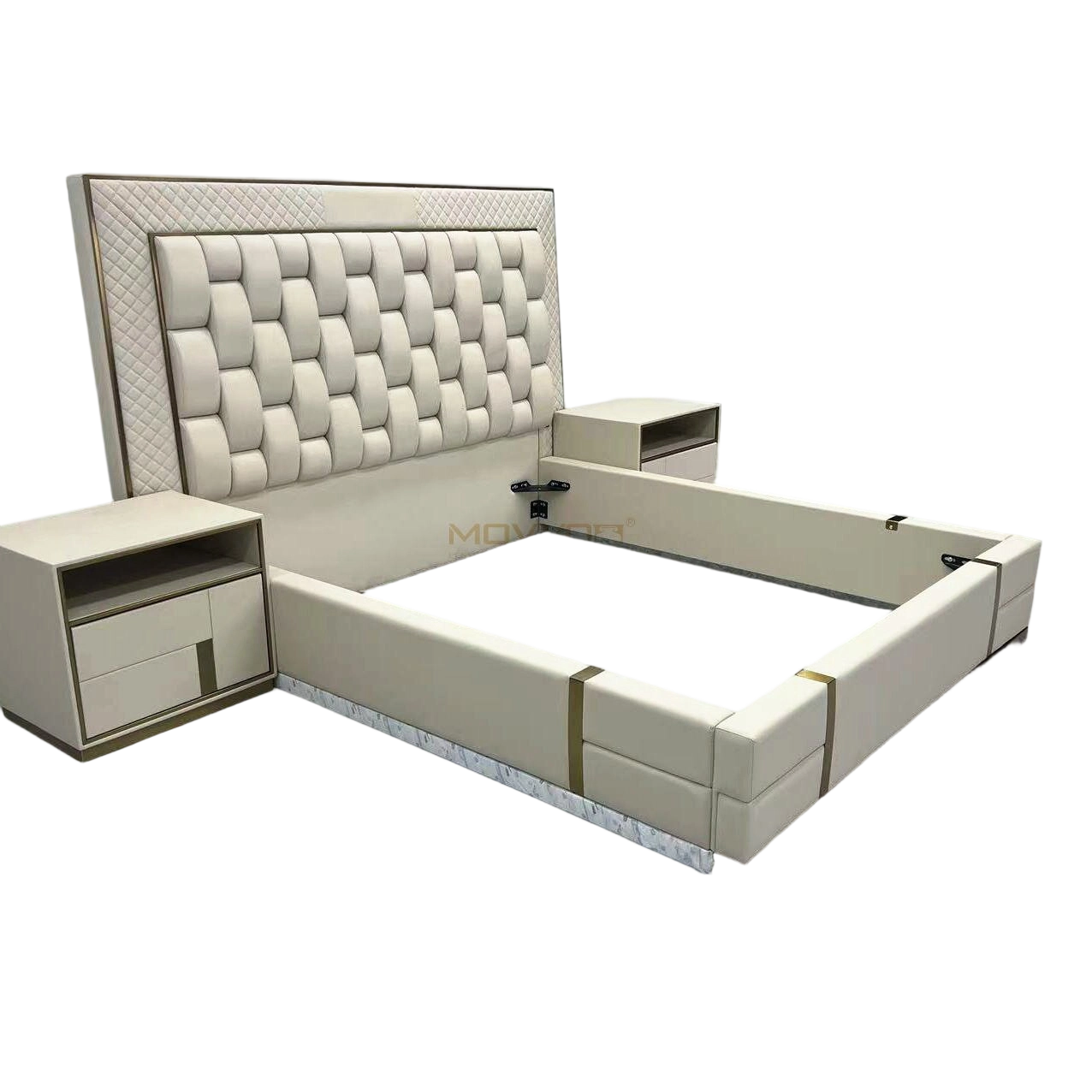 Framed Woven Upholstered Bed with Matching Nightstands and Gold Details
