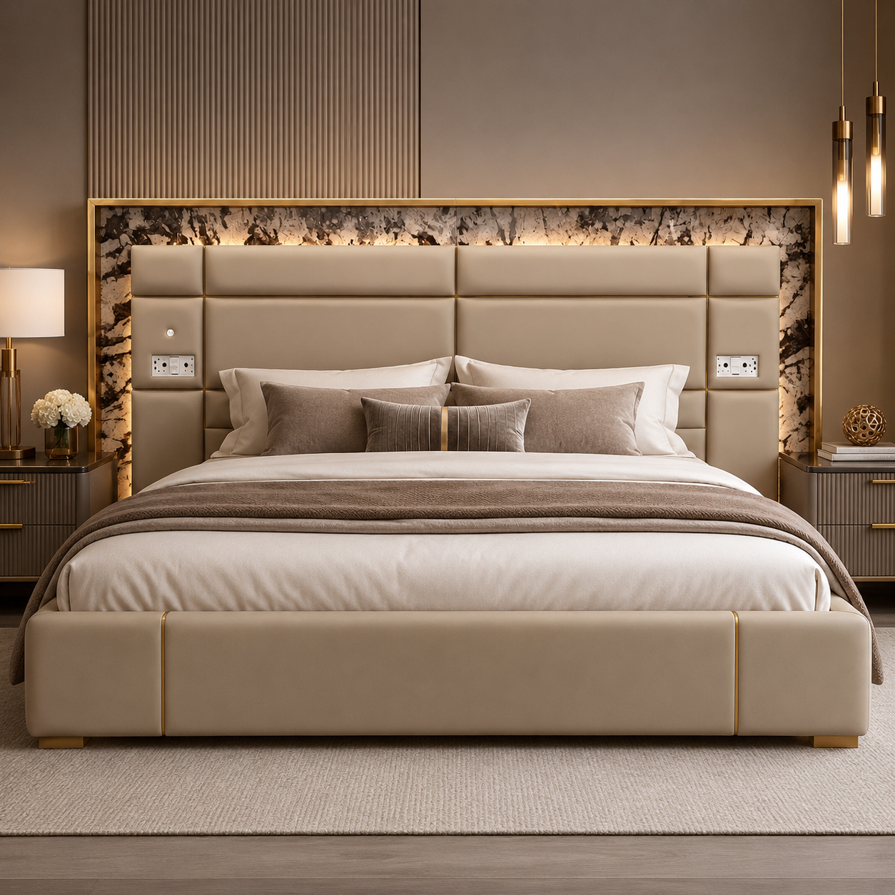 Modern Luxury LED Platform Bed with Integrated Nightstands