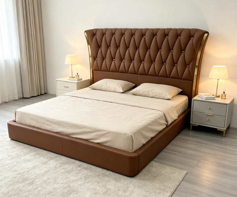 Cognac Brown Wingback Tufted Bed with Gold Side Trim