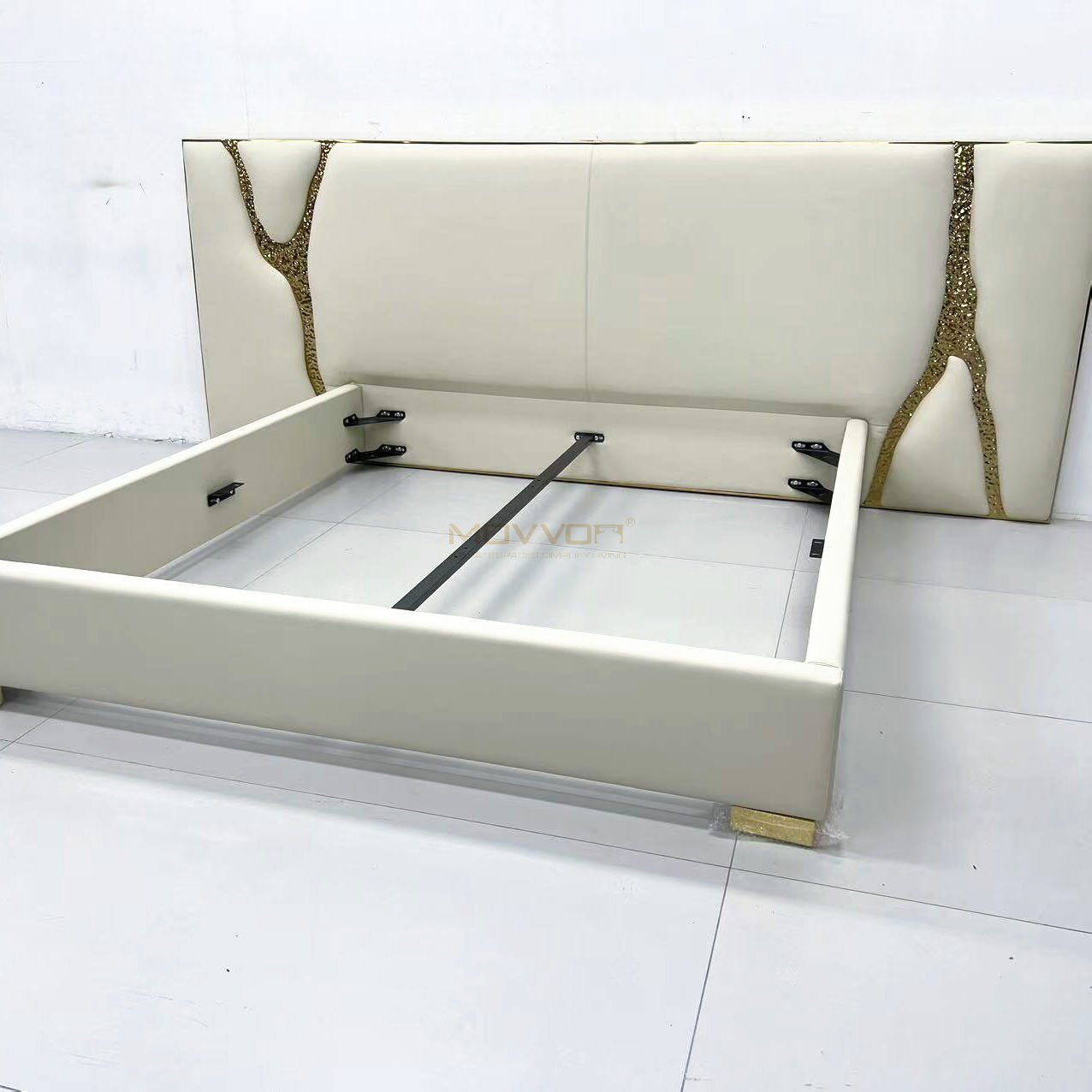 Ivory Upholstered Bed with Sculptural Gold Branch Headboard Accents