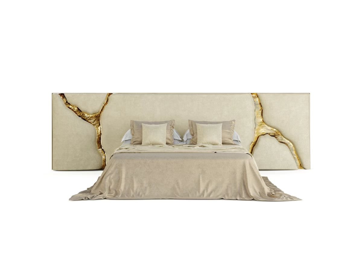 Ivory Upholstered Bed with Sculptural Gold Branch Headboard Accents