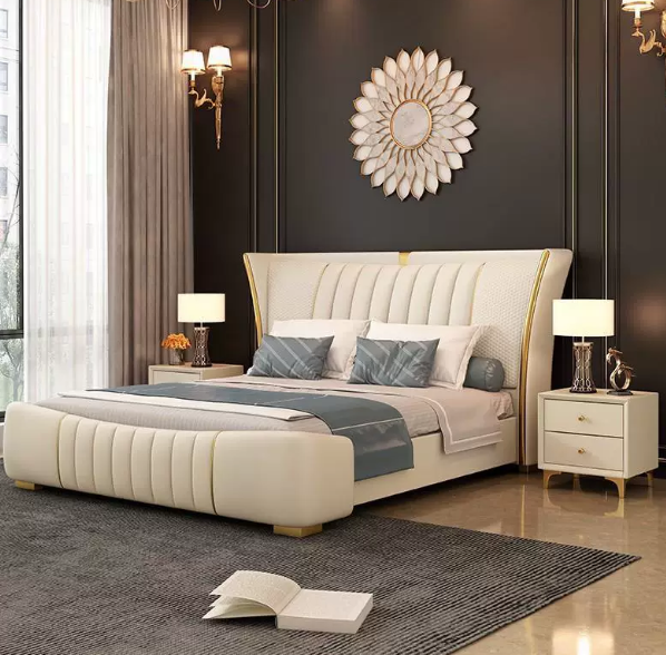 Ivory Upholstered Bed with Wraparound Headboard and Gold Line Details