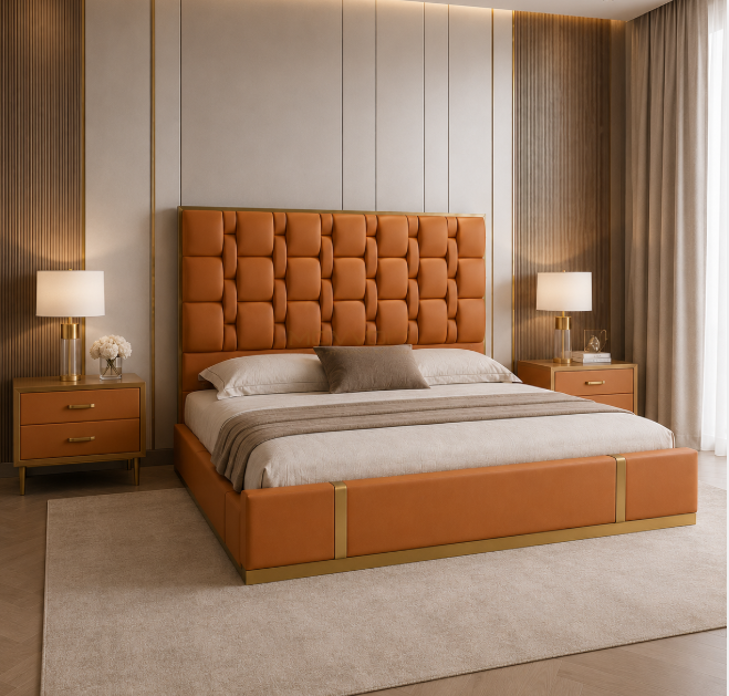 Cognac Brown Woven Panel Upholstered Bed with Gold Trim