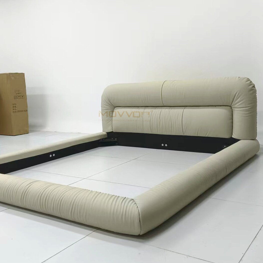 Warm Ivory Roll Cushion Upholstered Bed with Cloud-Like Low Frame