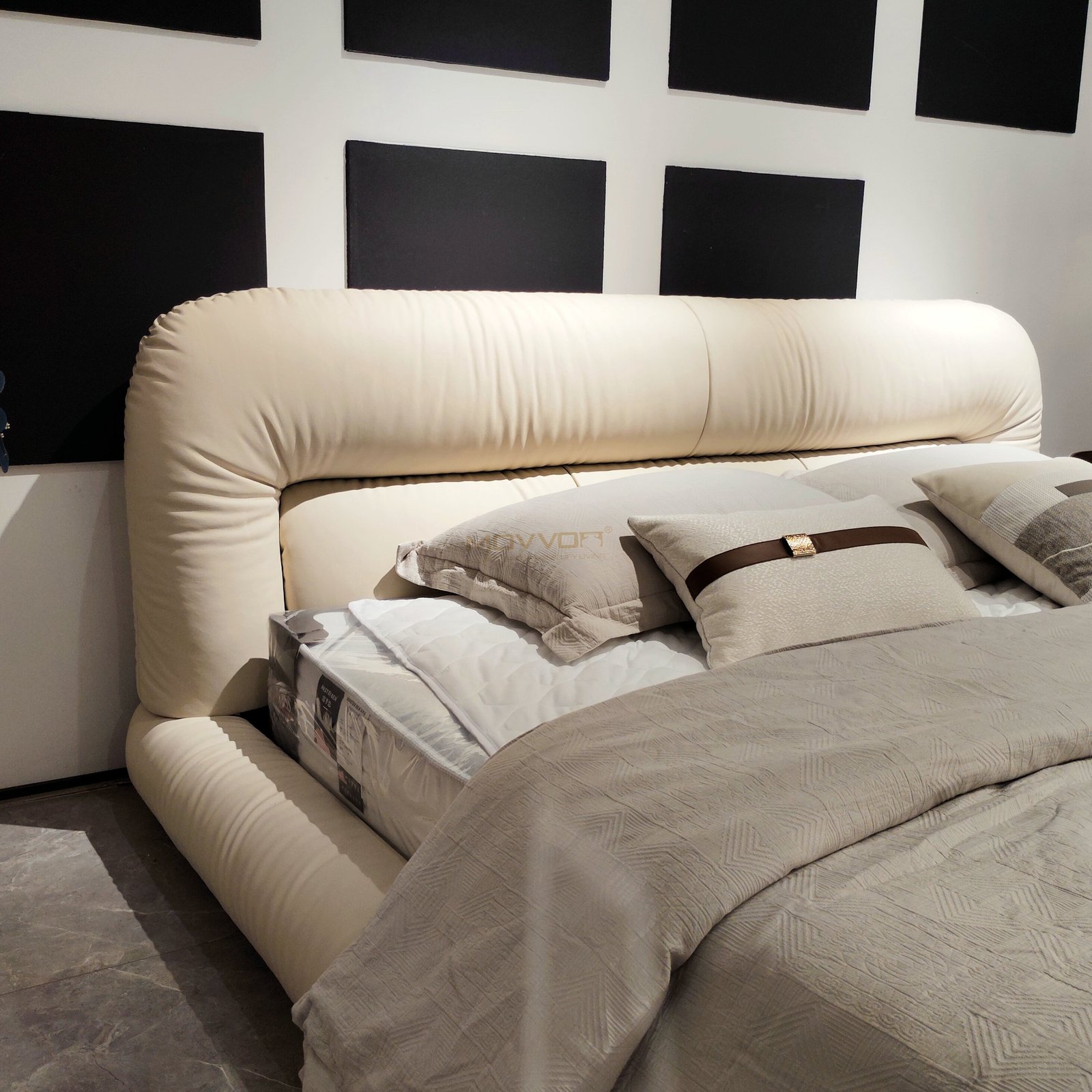 Warm Ivory Roll Cushion Upholstered Bed with Cloud-Like Low Frame