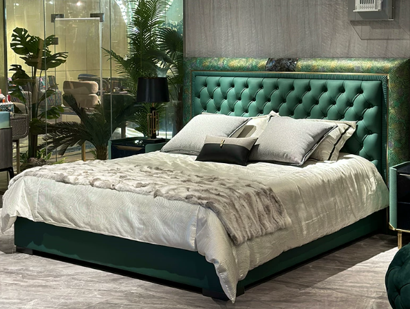 Dark Green Botanical Frame Tufted Bed with Low Platform Base