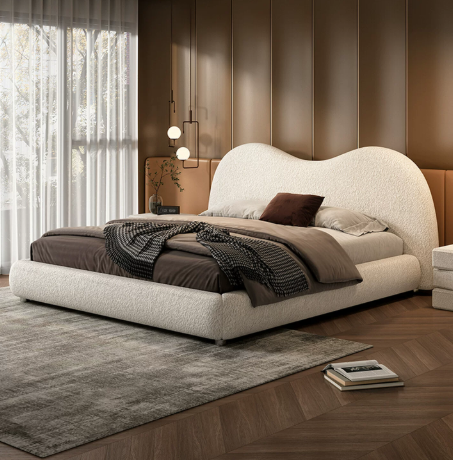 Mustard Velvet Cloud Headboard Bed with Rounded Low Frame