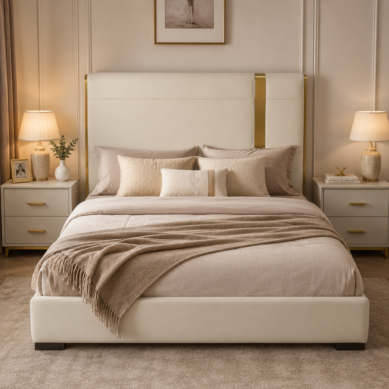Ivory Panel Upholstered Bed with Asymmetric Gold Strap Detail