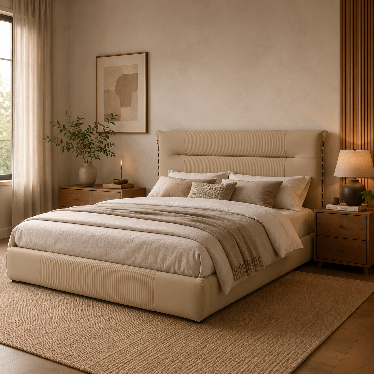 Warm Beige Ribbed Upholstered Bed with Low Rounded Frame