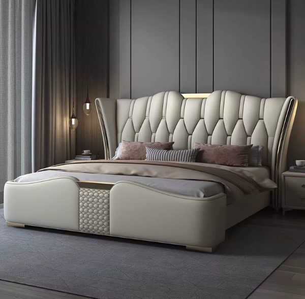 Ivory Scalloped Wingback Bed with Tailored Channel Headboard