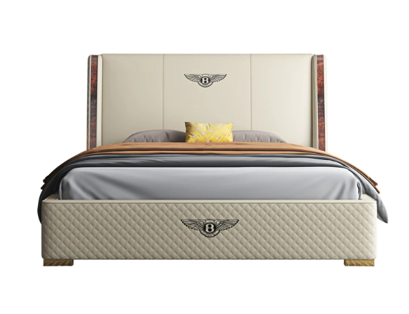 Ivory Quilted Platform Bed with Crest Detail and Side Rails