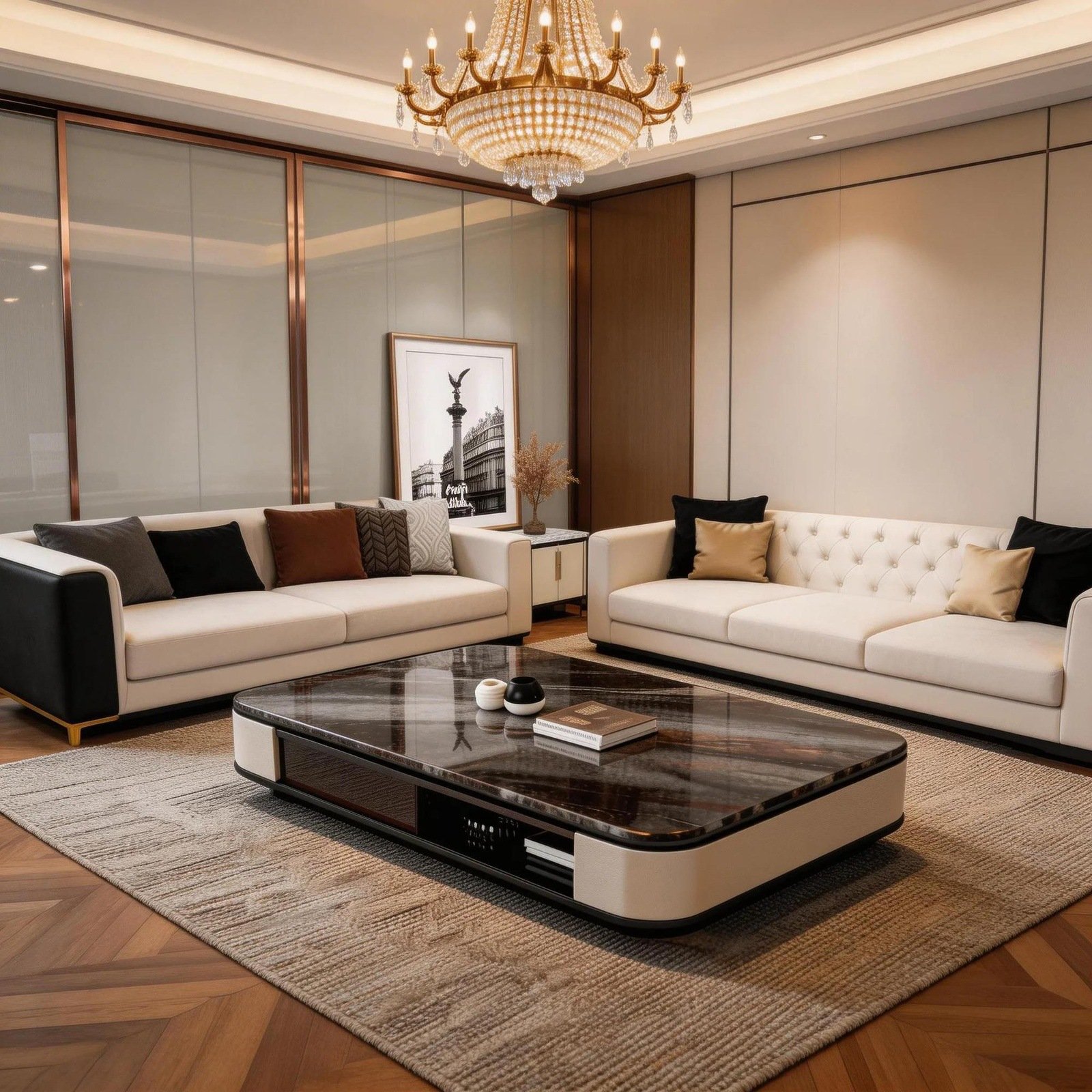 Cream Black Luxury Coffee Table with Marble Top and Display Shelf