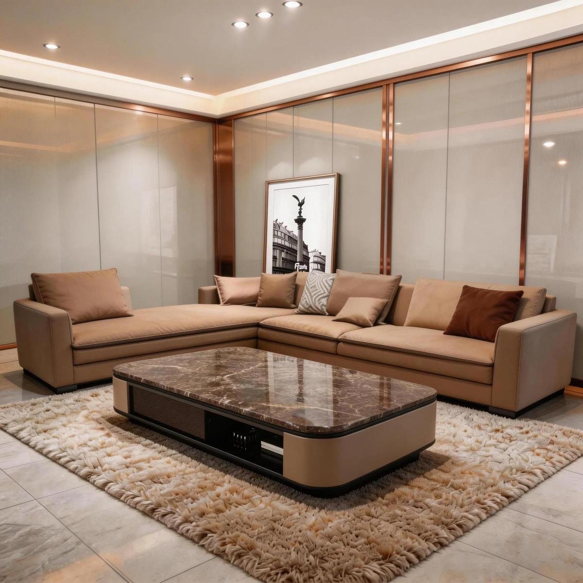Cream Black Luxury Coffee Table with Marble Top and Display Shelf