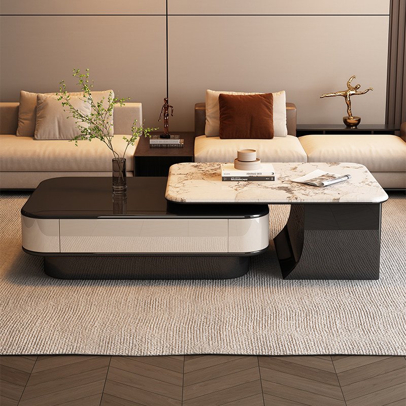 Offset Layered Marble Coffee Table with Drawer and Side Cabinet
