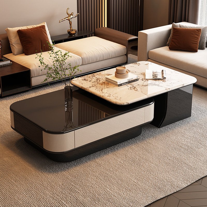 Offset Layered Marble Coffee Table with Drawer and Side Cabinet