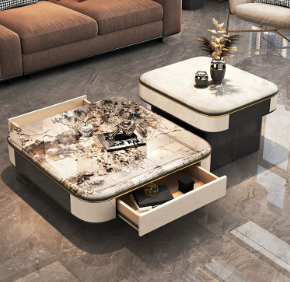 High-Low Twin Square Coffee Table Set with Marble Tops