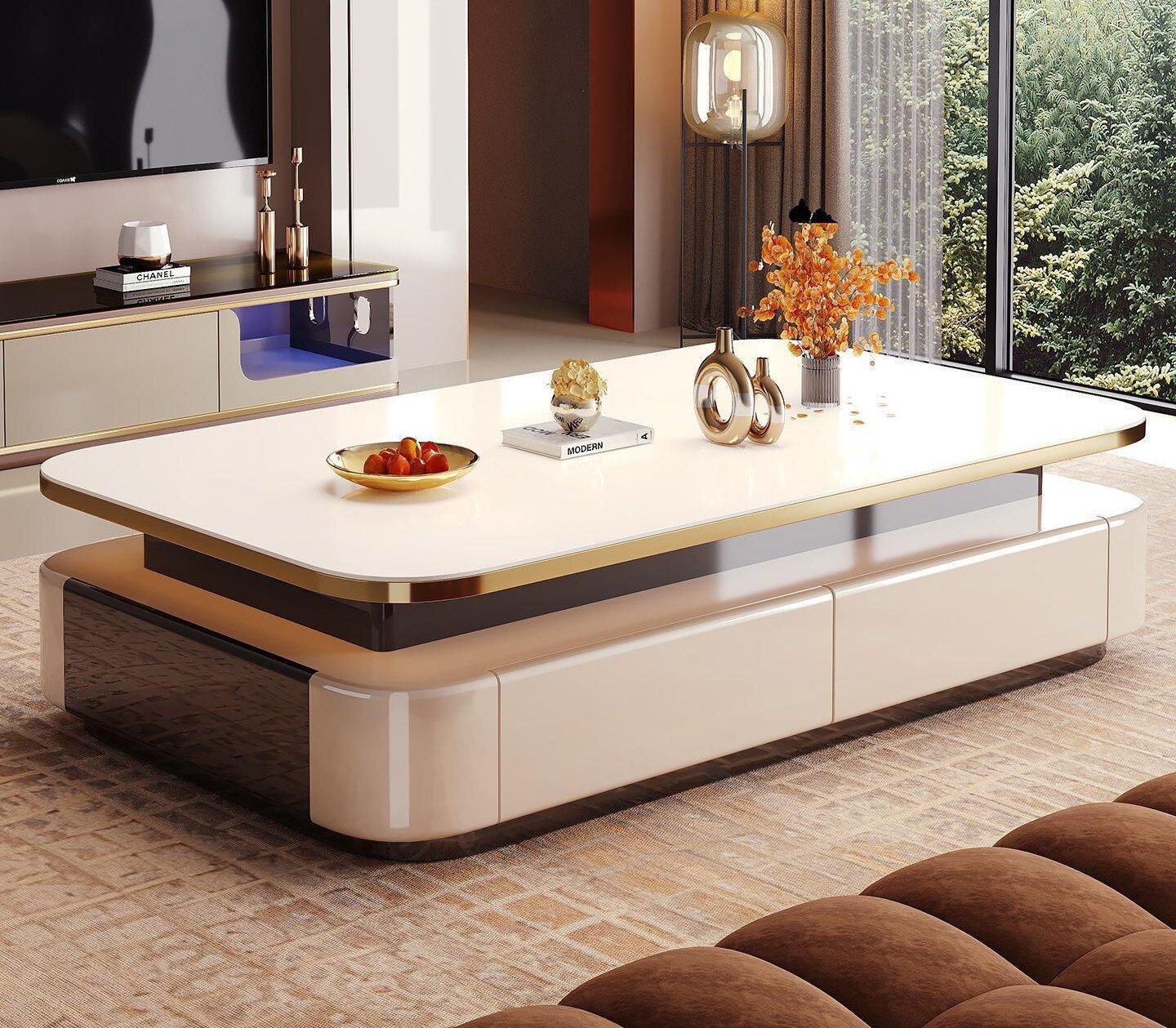 Floating High-Gloss Coffee Table with Double Drawers and Side Panels