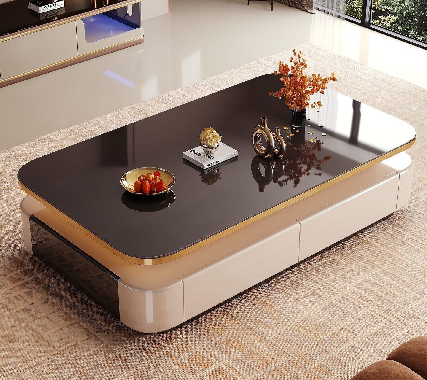Floating High-Gloss Coffee Table with Double Drawers and Side Panels