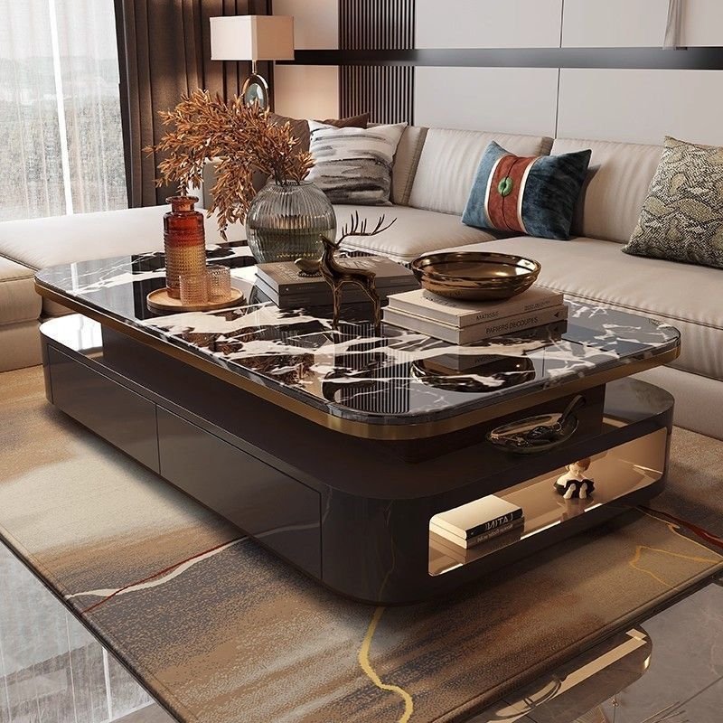 Dual-sided Drawer Coffee Table With Marble Top And Display Niche