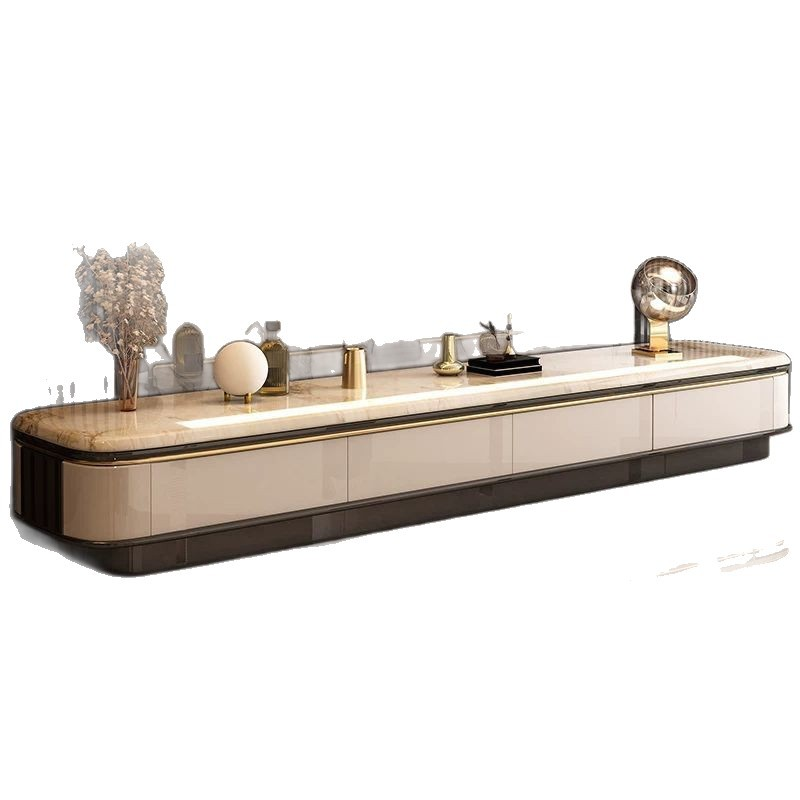 TV-Matching Low Coffee Table with Marble Top and Hidden Storage