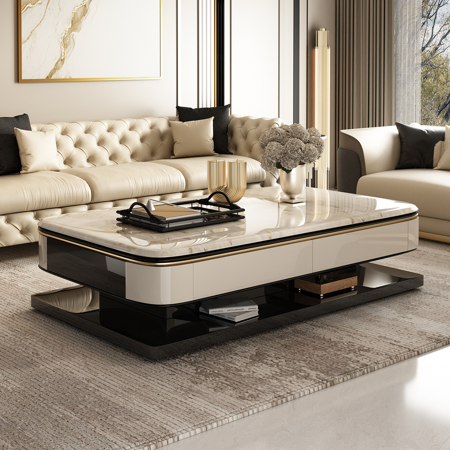 Floating Marble Slab Coffee Table with Open Gallery Base