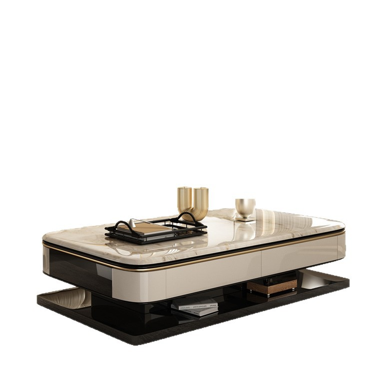 Floating Marble Slab Coffee Table with Open Gallery Base
